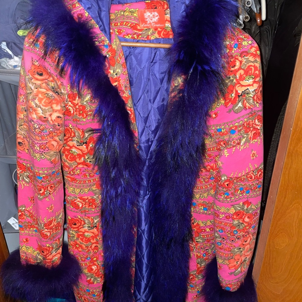 Pink quilted purple trim coat like new